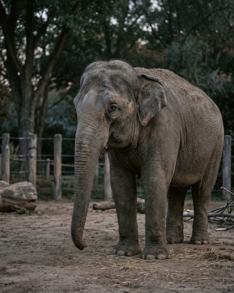 A lone elephant standing in a bare enclosure.