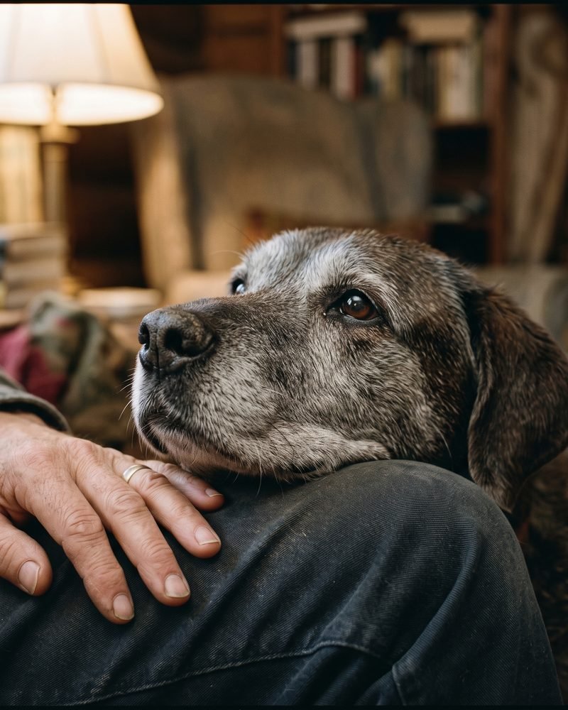 An old grey-muzzled dog rests its head on a person's arm.