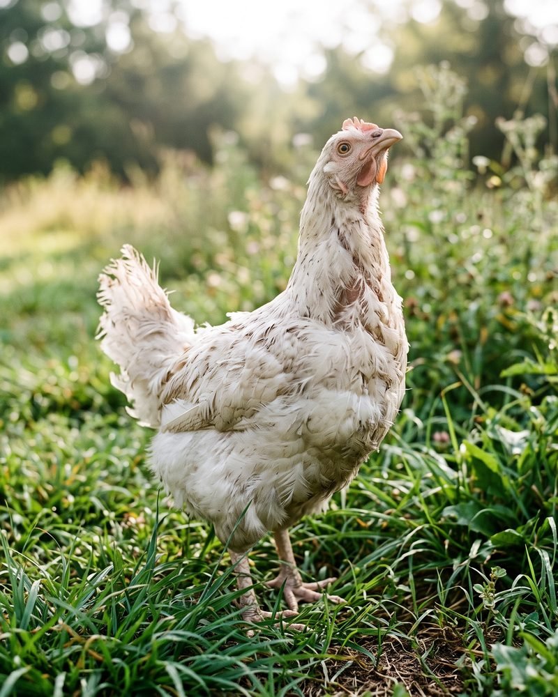 A white hen standing in tall green grass in morning light.