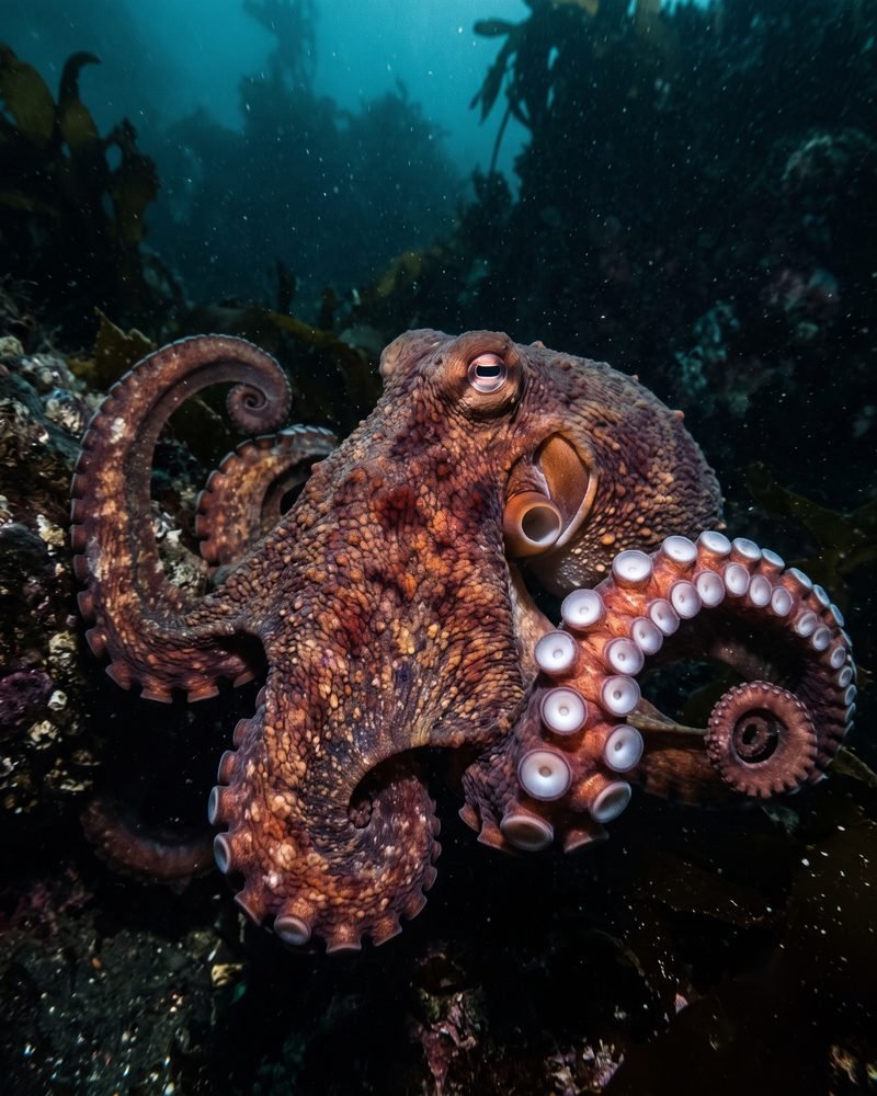 An octopus on a reef in deep blue water.