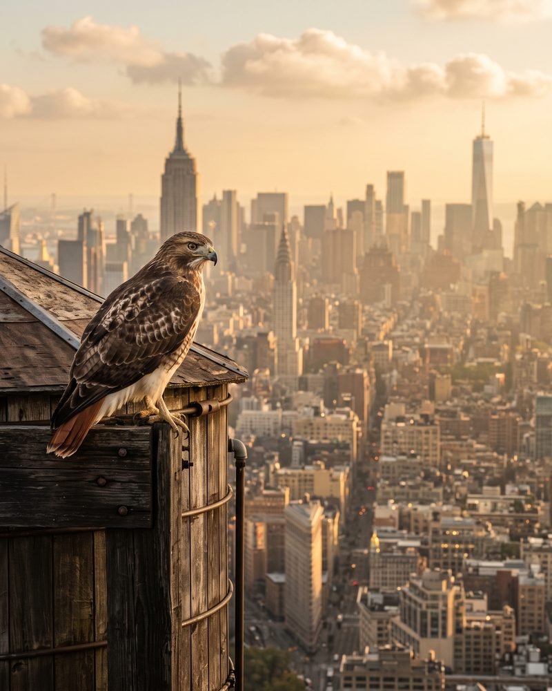 A red-tailed hawk perched on a rooftop with the Manhattan skyline behind it at golden hour.