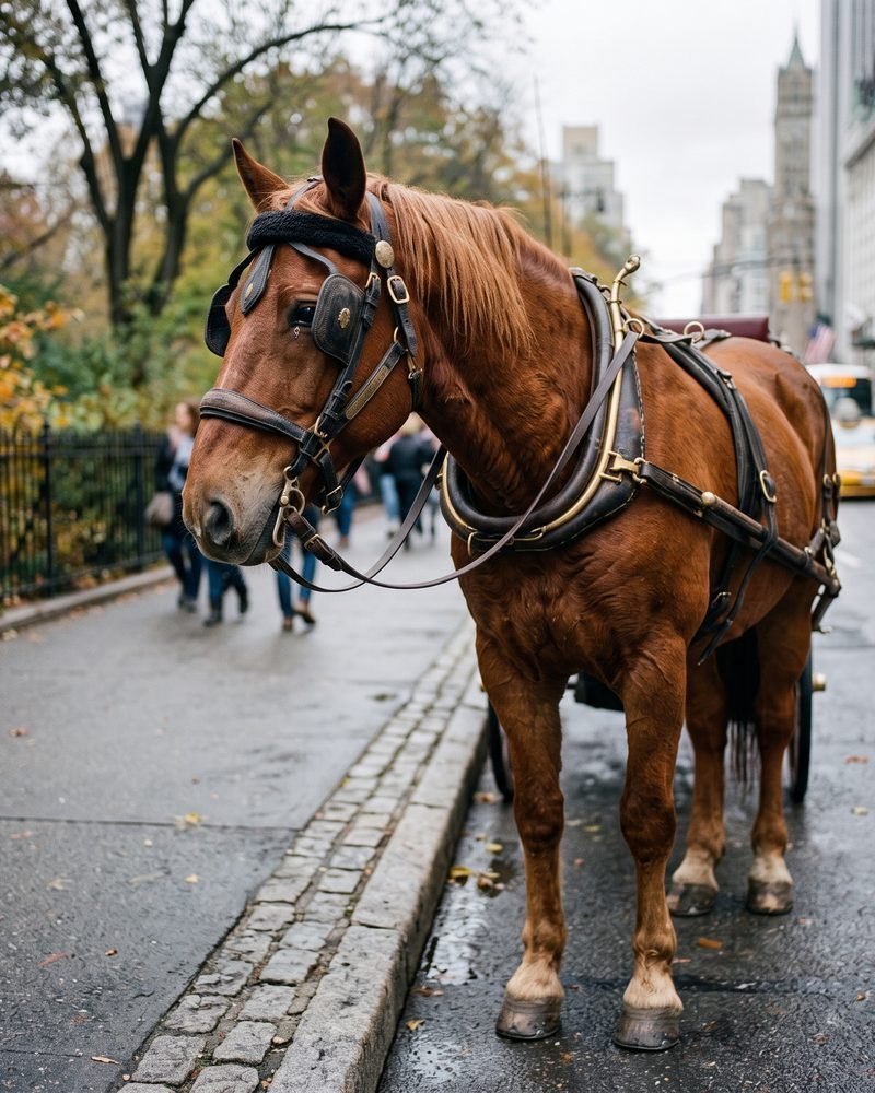 A chestnut carriage horse in harness on a wet Central Park South street in autumn.